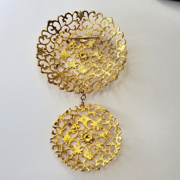 Gold Tone Brooch and Pendant Filigree UNIQUE Statement Pendant Pin - Picture 5 of 15